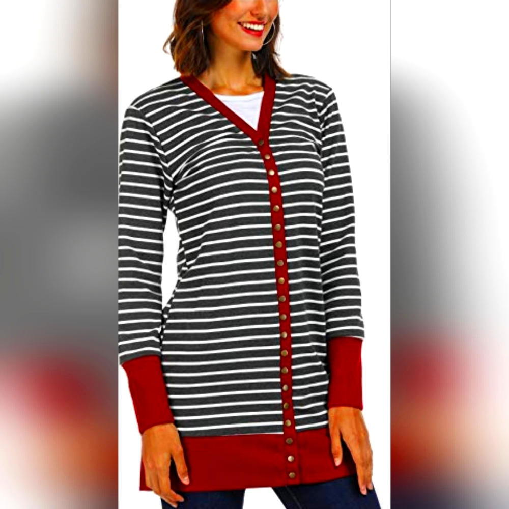 Striped Cardigan with Red Accents Plus Size 2xl